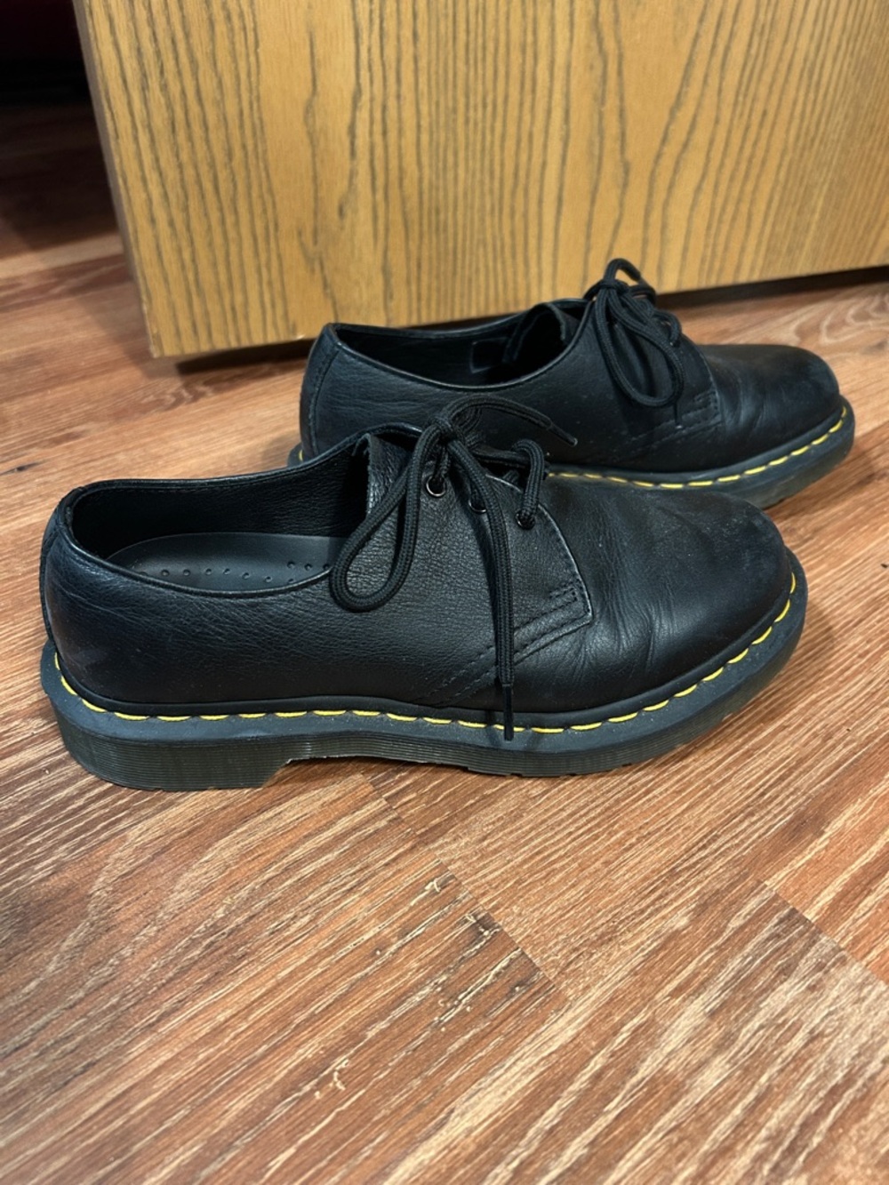 Doc Martens Black Leather Lace-Up Oxford Loafer Shoes with Yellow Stitching
